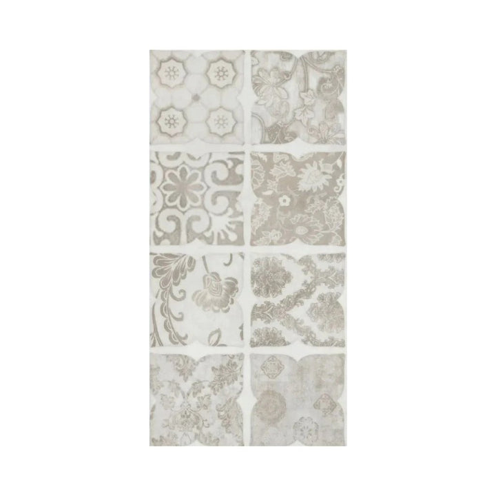 Musteransicht eines beigen Retro-Fliesen-Vinylbodens mit verschiedenen Ornament- und Blumenmustern - Reud Bodenarena