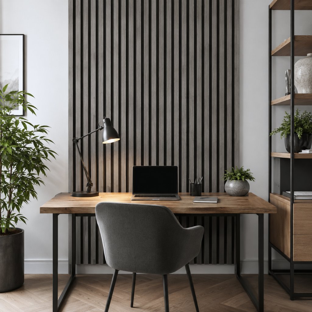 Modernes Home-Office mit Akustikpaneel Grey Oak Wandpaneel 240×52 cm - vertikale Echtholz-Paneele für professionelle Raumakustik und elegantes Design - REUD-Bodenarena