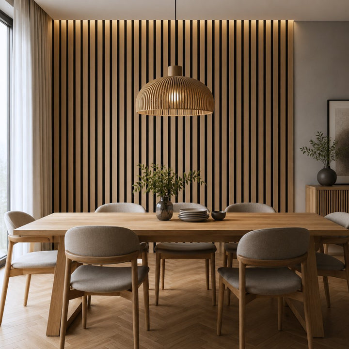 Modernes Esszimmer mit Akustikpaneel Light Oak 240×52 cm Wandpaneelen - helle Echtholz-Optik, warme Beleuchtung, elegante Raumakustik und minimalistisches Design - REUD-Bodenarena