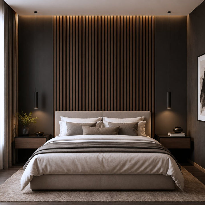 Luxus-Schlafzimmer mit Akustikpaneel Oiled Oak 240×52 cm Wandpaneelen - warme Beleuchtung, professionelle Raumakustik und elegantes Echtholz-Design - REUD