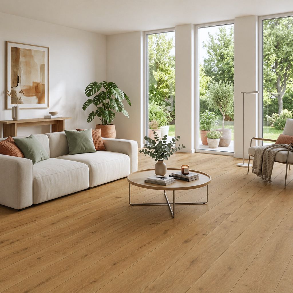 Decoflooring Eiche Castell Landhausdiele integrierter Trittschalldämmung Vinylboden Klick Reud Bodenarena Wohnzimmer