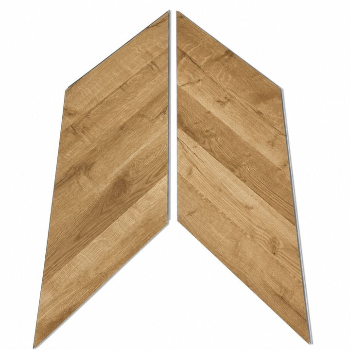 Designboden Chevron SolidLock silent 70-05 Alhambra Natur – zwei einzelne Dielen mit 45°-Gehrungsschnitt, natürliche helle Holzmaserung, Verarbeitungsqualität sichtbar - Reud Bodenarena