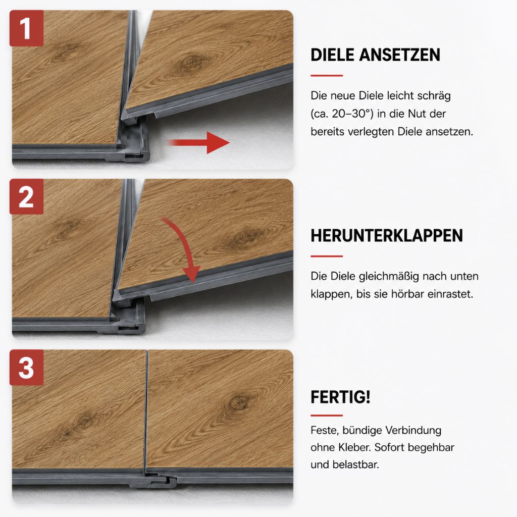 SolidLock-Klick-System Anleitung – Schritt 1: Diele ansetzen, Schritt 2: herunterklappen, Schritt 3: fertig verlegter Designboden ohne Klebstoff, einfache Installation - Reud Bodenarena