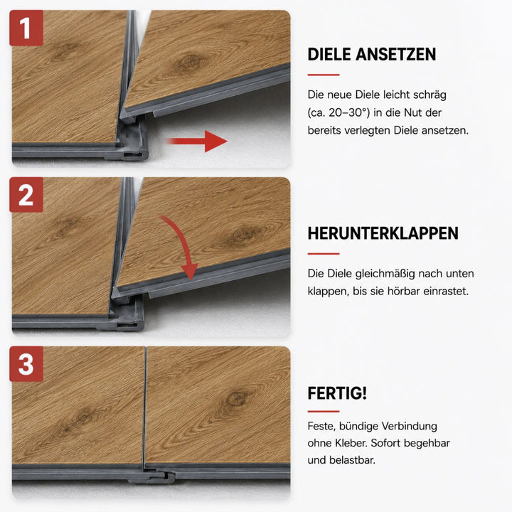 SolidLock-Klick-System Anleitung – Schritt 1: Diele ansetzen, Schritt 2: herunterklappen, Schritt 3: fertig verlegter Designboden ohne Klebstoff, einfache Installation - Reud Bodenarena