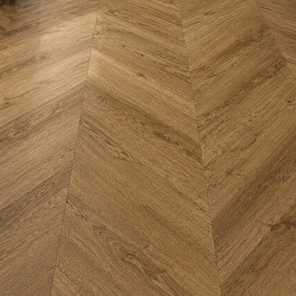 Designboden Chevron SolidLock silent 70-05 Moritzburg Dunkel – Nahaufnahme der Chevron-Verlegung mit präzisem V-Muster, authentische Holzmaserung, nahtlose Fugen - Reud Bodenarena