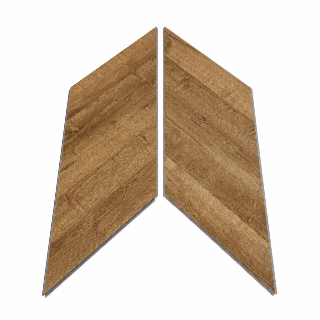 Designboden Chevron SolidLock silent 70-05 Moritzburg Dunkel – zwei einzelne Dielen mit 45°-Gehrungsschnitt, warme Holzmaserung, Verarbeitungsqualität sichtbar - Reud Bodenarena