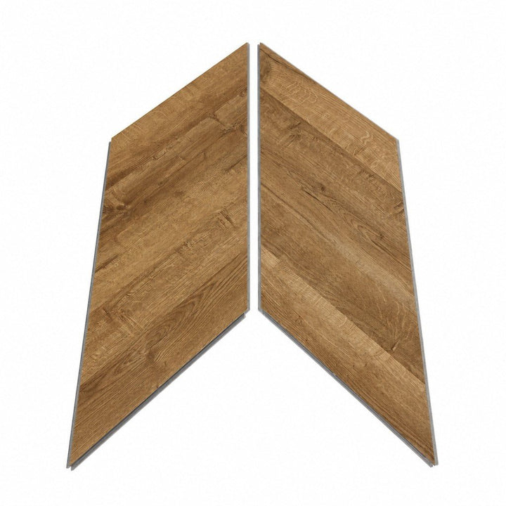 Designboden Chevron SolidLock silent 70-05 Moritzburg Dunkel – zwei einzelne Dielen mit 45°-Gehrungsschnitt, warme Holzmaserung, Verarbeitungsqualität sichtbar - Reud Bodenarena