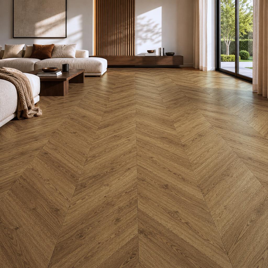 Chevron Designboden SolidLock silent 70-05 Moritzburg Dunkel – modernes Wohnzimmer mit vollflächiger Chevron-Verlegung, elegante Holzoptik, natürliches Licht, zeitloses Design - Reud Bodenarena