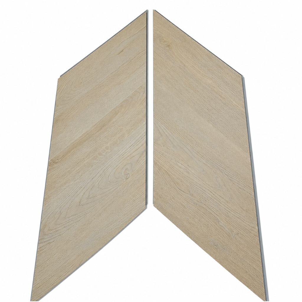 Designboden Chevron SolidLock silent 70-05 Windsor Hell – zwei einzelne Dielen mit 45°-Gehrungsschnitt, helle natürliche Holzmaserung, Verarbeitungsqualität sichtbar - Reud Bodenarena