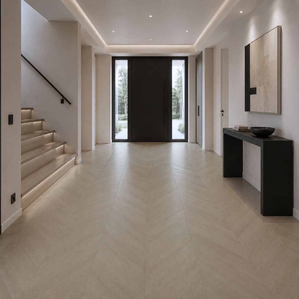 Chevron Designboden SolidLock silent 70-05 Windsor Hell – moderner Eingangsbereich mit vollflächiger Chevron-Verlegung, helles V-Muster, zeitloses Design, natürliche Ausstrahlung - Reud Bodenarena