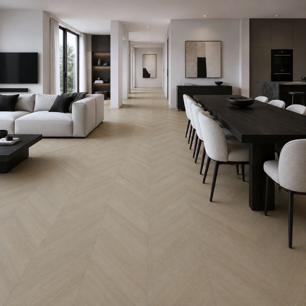 Chevron Designboden SolidLock silent 70-05 Windsor Hell – eleganter Wohnraum mit durchgehender Chevron-Verlegung, helle Holzoptik, raumöffnendes Muster, moderne Einrichtung - Reud Bodenarena