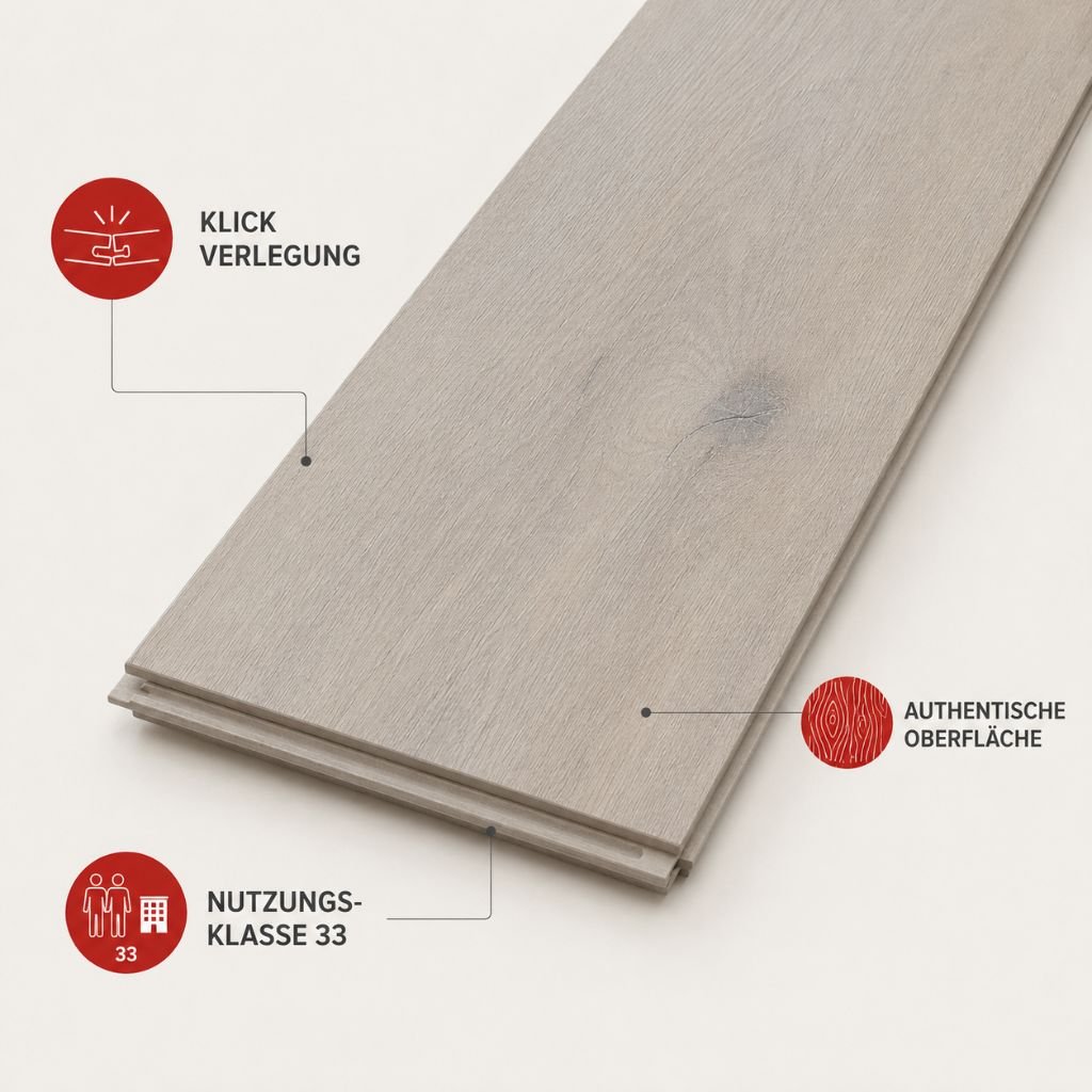 Kronoflooring BinylPro Fairland Oak Designboden mit Klicksystem, authentischer Oberflächenstruktur und Nutzungsklasse 33 – infografische Darstellung der Produktmerkmale - Reud Bodenarena
