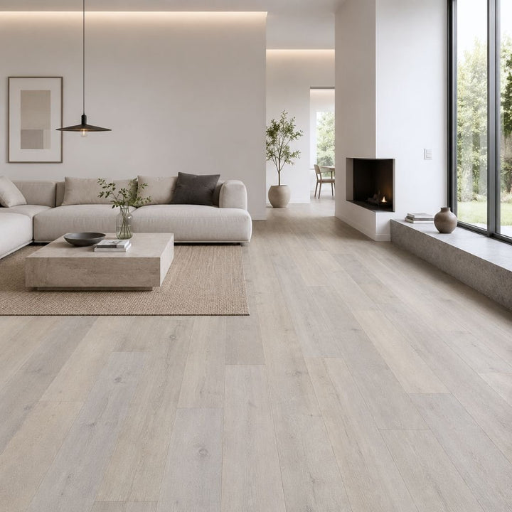Modernes Wohnzimmer mit Kronoflooring BinylPro Fairland Oak Designboden – helles Eichenholzdesign in zeitgenössischer Wohneinrichtung mit Panoramafenstern - Reud Bodenarena