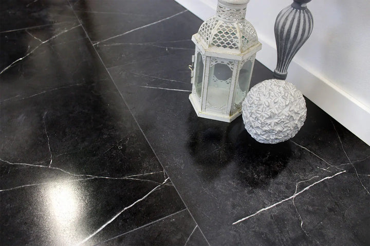 Vinyrock XL Gloss Fliesenoptik Hochglanz Dubai Botticino Dark mit Trittschalldämmung Vinylboden