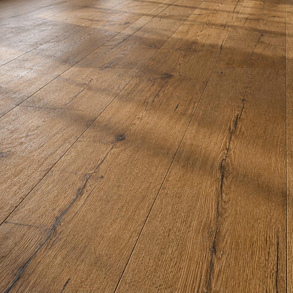 Detailaufnahme Parkett Eiche Landhausdiele: tief gebürstete Oberflächenstruktur mit seidenmattem Naturöl-Finish, plastische Holzmaserung und 4-seitig gefaste Kanten sichtbar - Reud Bodenarena