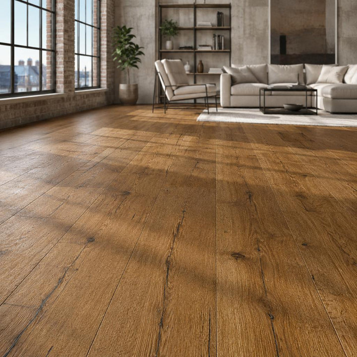 Alt-Text:
Parkett Eiche Landhausdiele tief gebürstet in modernem Wohnzimmer mit Loftcharakter, helle Holzoptik mit natürlicher Maserung und gefasten Kanten - Reud Bodenarena