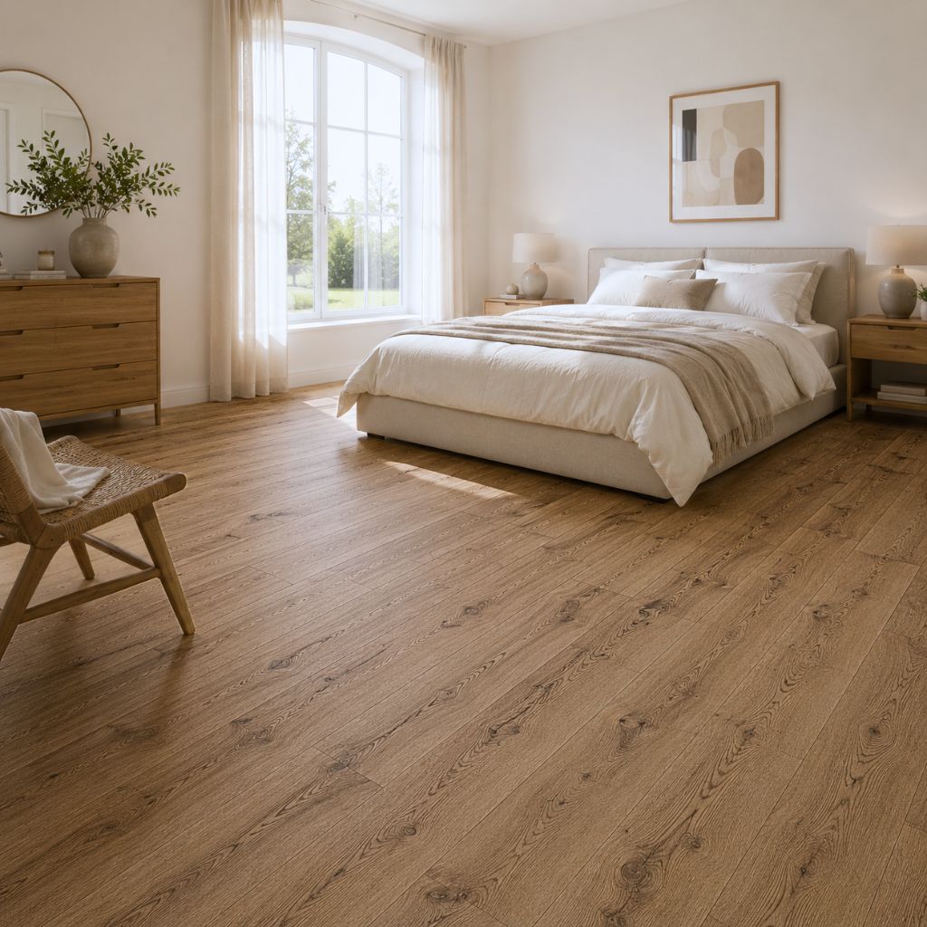 Gemütliches Schlafzimmer mit Turin Rustikal Eiche Fertigparkett - helle, natürliche Atmosphäre - Reud Bodenarena