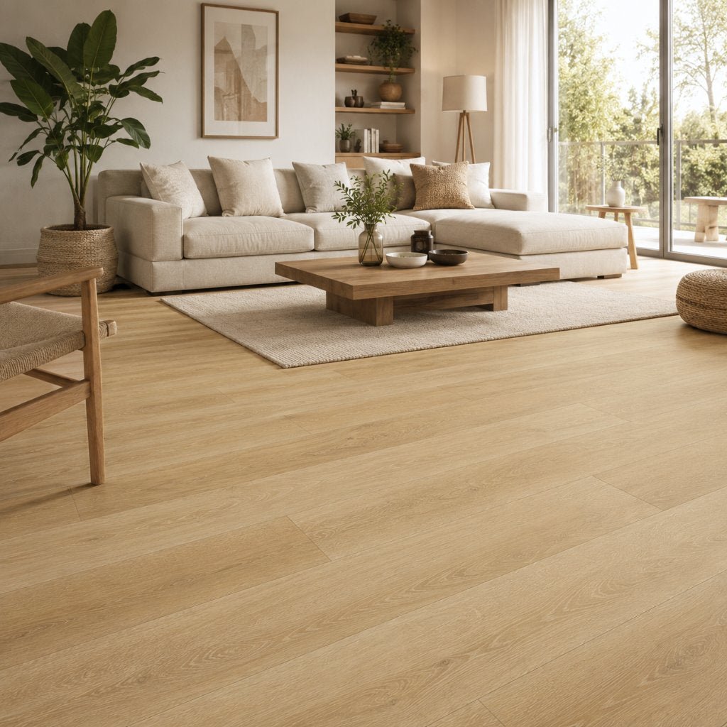 Modernes Wohnzimmer mit GreenLine SPC Silent Eiche Medium Vinylboden - Klick-Montage, Trittschalldämmung und zeitloses Design - REUD-Bodenarena