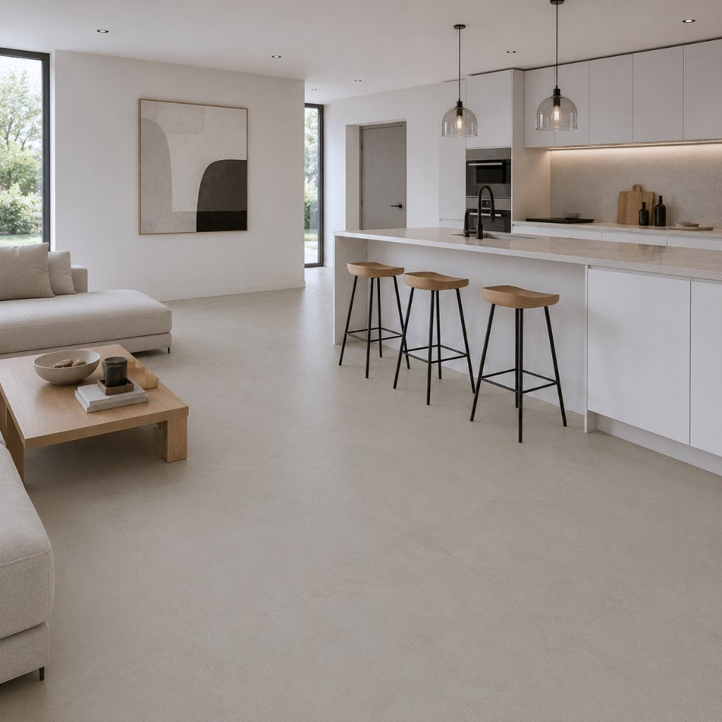 GreenLine Silent XL Stone Fliesenoptik Beton sand mit Trittschalldämmung Vinylboden Klick Küche - REUD-Bodenarena