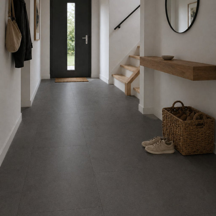 GreenLine Silent XL Stone Fliesenoptik Cement mit Trittschalldämmung Vinylboden Klick Fliese Reud Bodenarena Eingangsbereich
