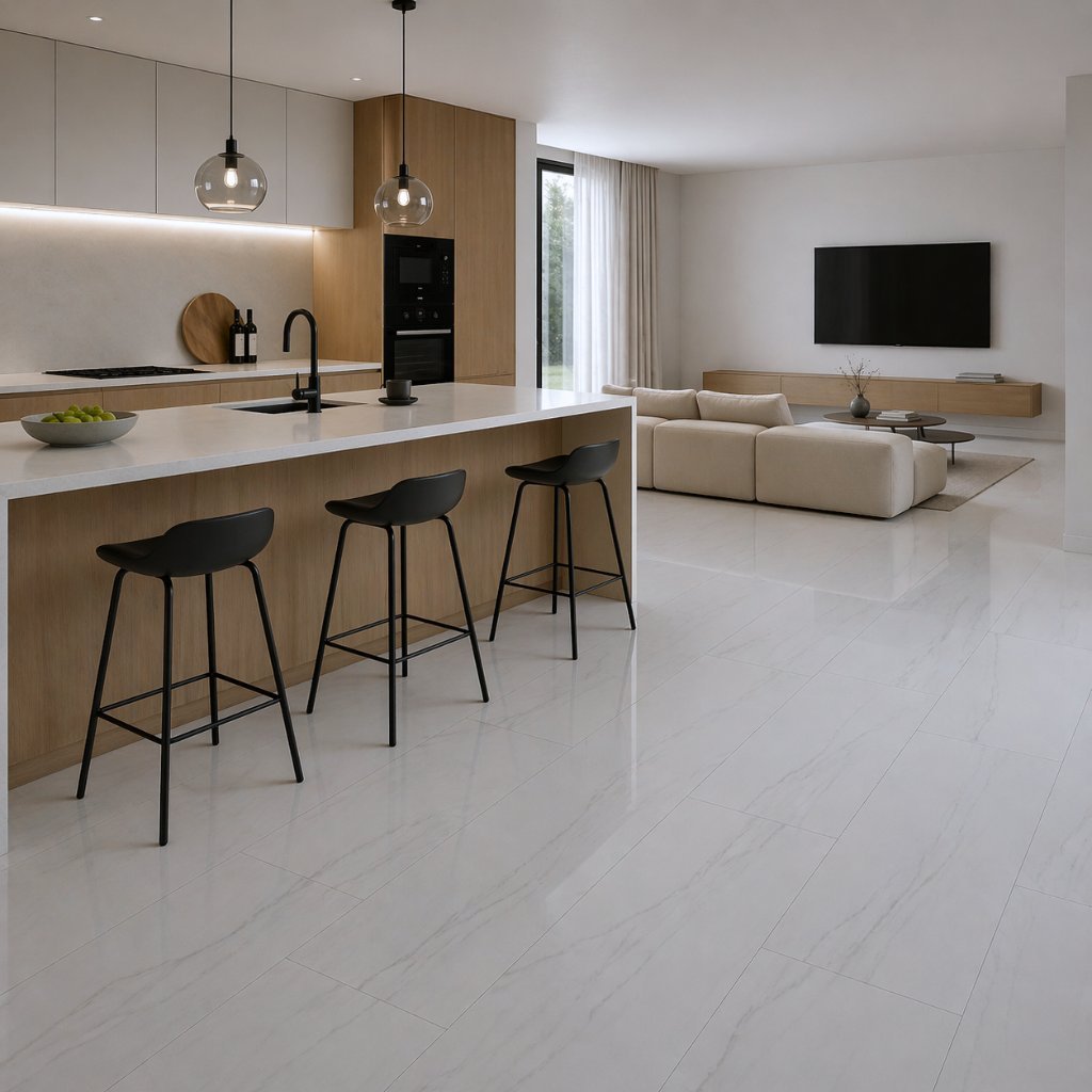 Moderne offene Küche mit Kochinsel und weißem Hochglanz Vinylboden in Marmoroptik, kombiniert mit Wohnbereich im minimalistischen Design - REUD-Bodenarena