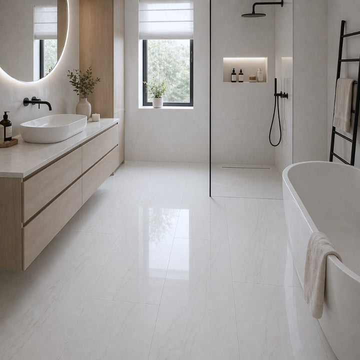 Modernes Badezimmer mit weißem Hochglanz Vinylboden in Marmoroptik, freistehender Badewanne, Walk-in Dusche und hellem Holzwaschtisch - REUD-Bodenarena