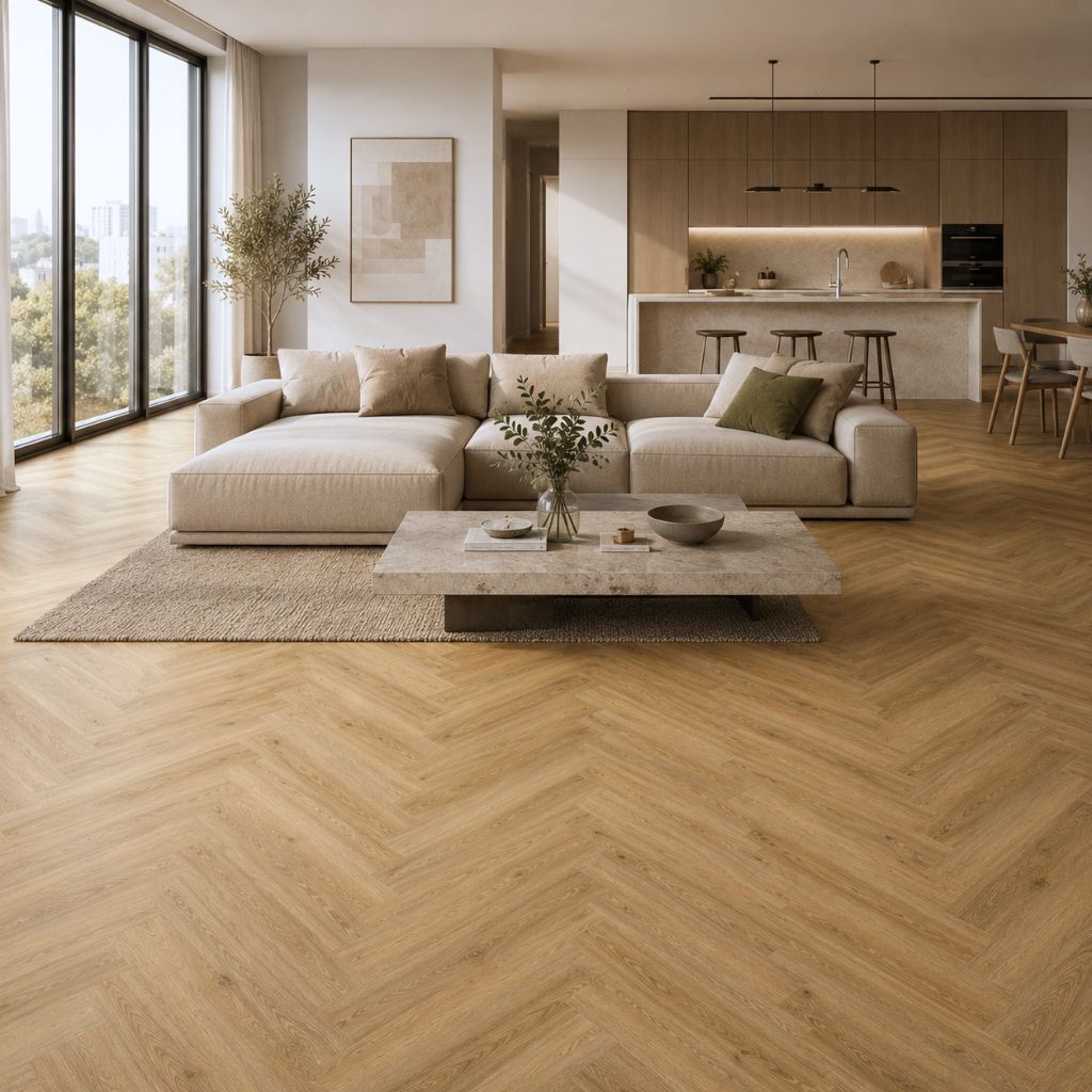 Modernes Wohnzimmer mit Repac solidDRYBACK 25-05 Fresh Oak Herringbone Klebe Vinylboden – Fischgrätmuster in eleganter Eichen-Optik mit beigem Sofa, Holzküche und großen Fenstern - Reud Bodenarena