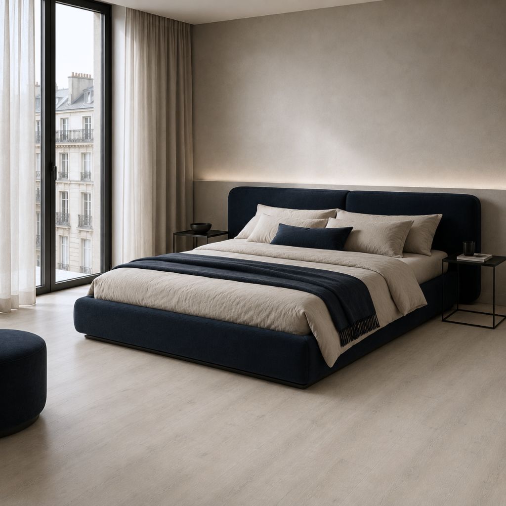 Decoflooring Klick Vinyl Eiche Polar mit Trittschalldämmung in moderner Küche mit schwarzer Insel – helle Landhausdielen-Optik, pflegeleicht & rutschhemmend von Reud Bodenarena