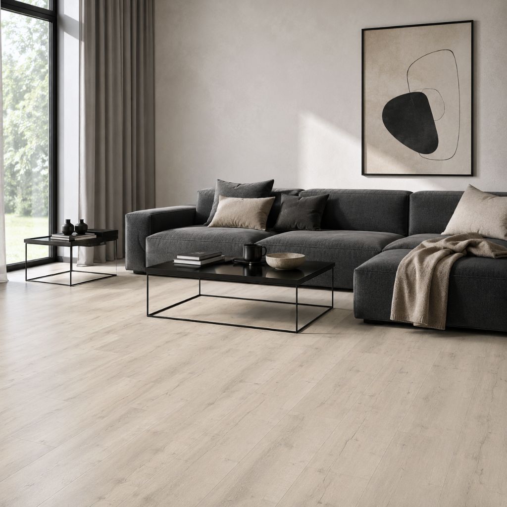 Modernes Wohnzimmer mit Decoflooring Klick Vinyl Eiche Polar mit Trittschalldämmung von Reud Bodenarena