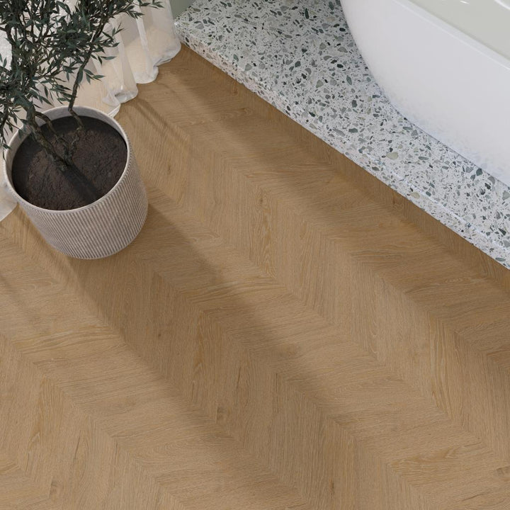 Klick Vinyl Chevron Eiche geräuchert Natur + Trittschall - Reud Bodenarena