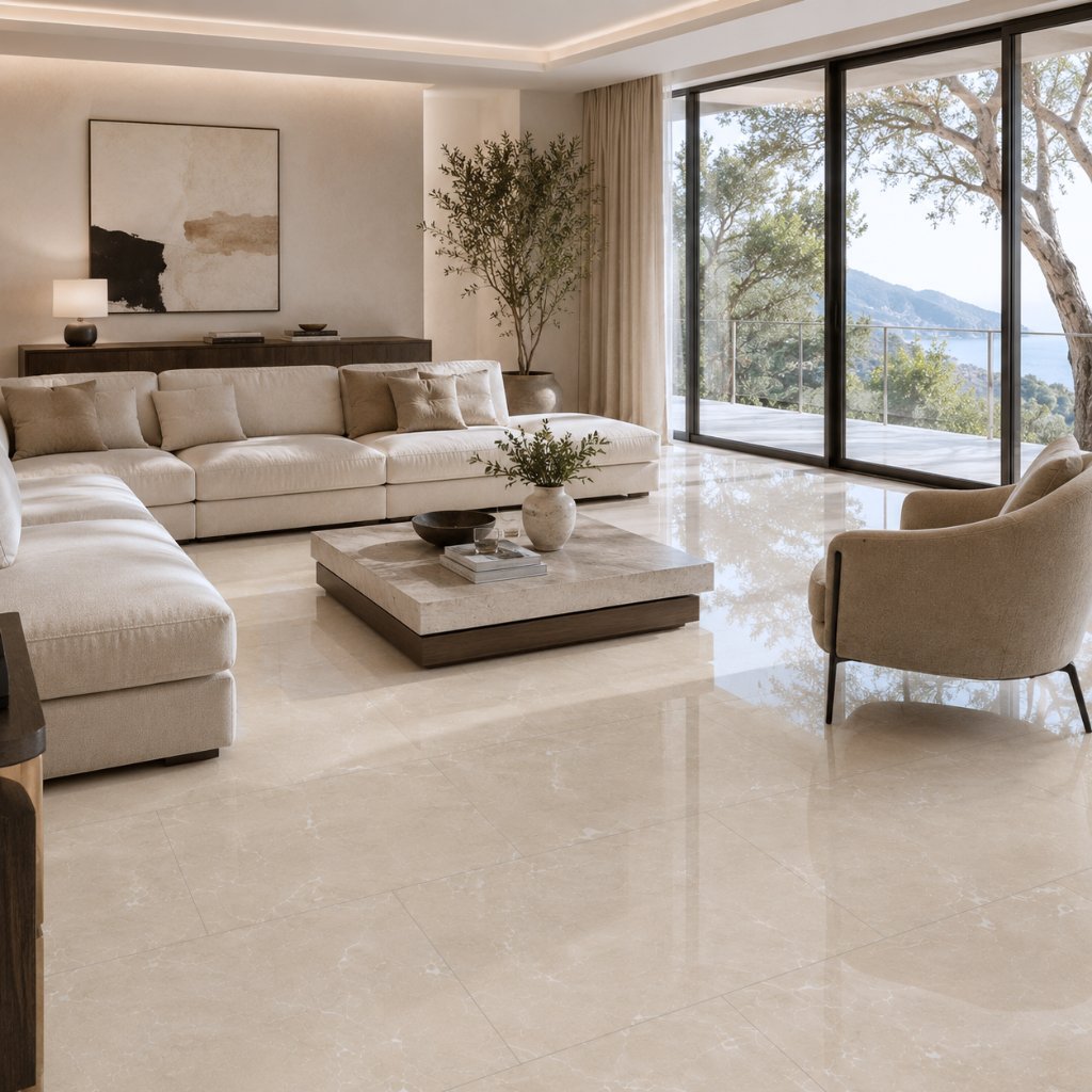 Modernes Wohnzimmer mit beigem Botticino-Light-Vinylboden in glänzender Marmoroptik - REUD-Bodenarena