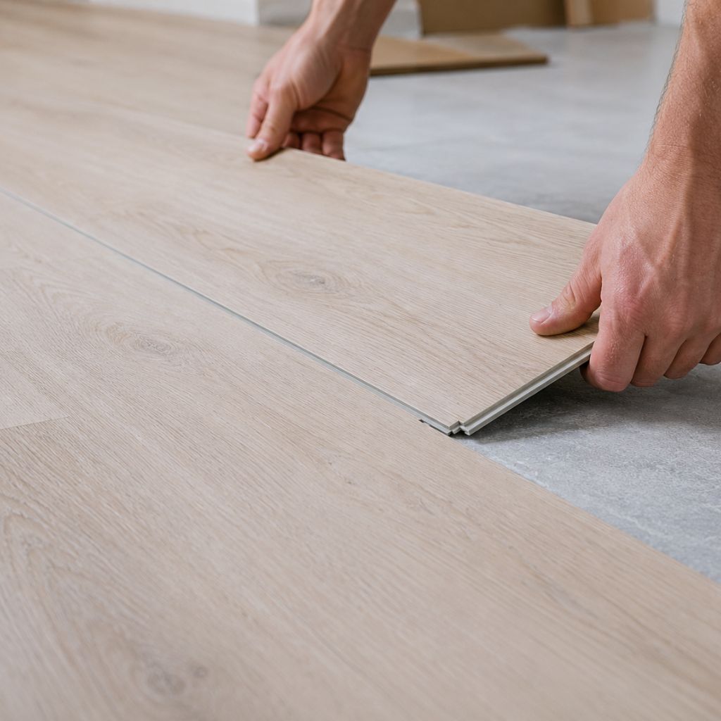 Handwerkliche Verlegung von Klick Vinyl Eiche Bretagne - Hände positionieren Vinylboden mit Klick-Verbindung über grauer Trittschalldämmung - einfache leimenfreie Verlegung - Reud Bodenarena