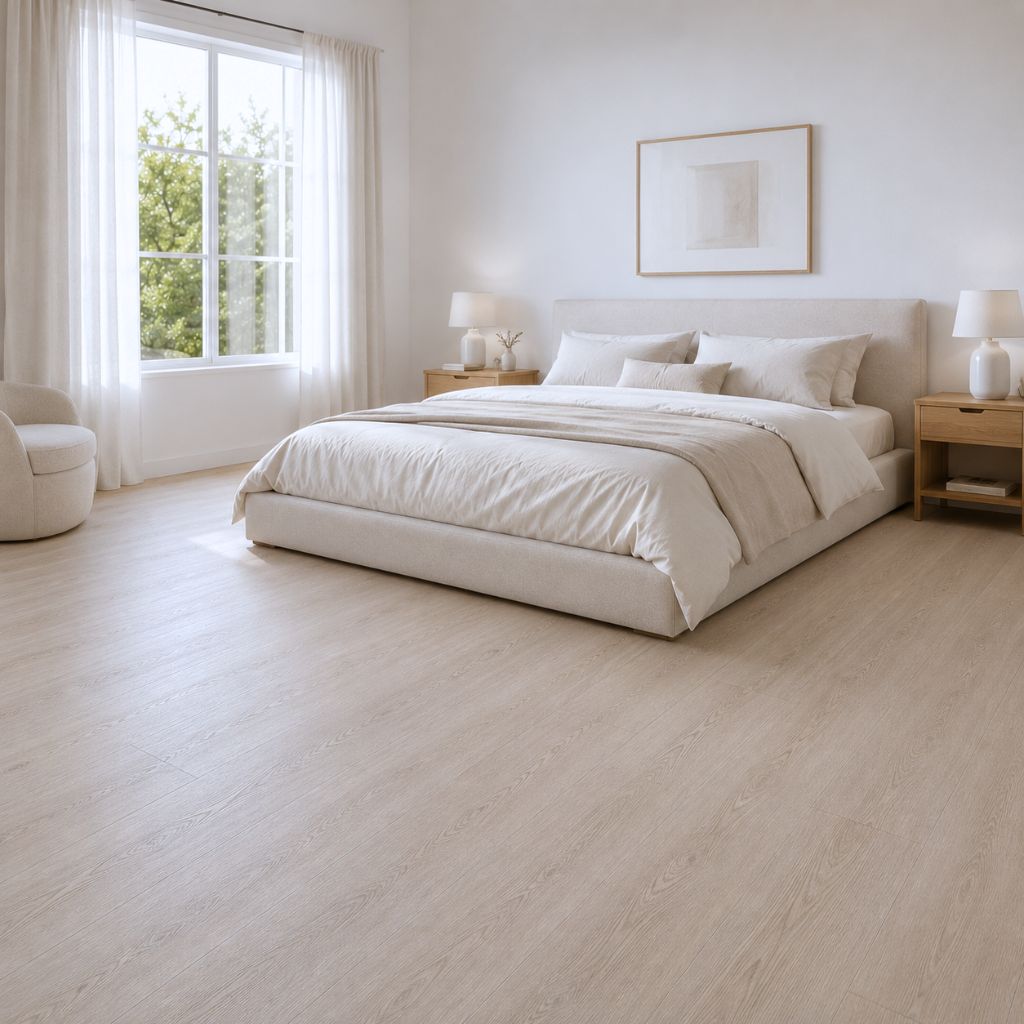 Modernes helles Schlafzimmer mit Eiche Bretagne Vinylboden - Doppelbett mit weißer Bettwäsche, Holz-Nachttische, große Fenster mit Gartenblick, natürliches Tageslicht, minimalistische Einrichtung - Reud Bodenarena