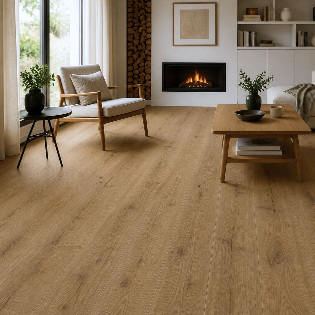 Klick Vinylboden Eiche Champagner im modernen Wohnzimmer – hochwertiger Holzoptik Boden mit natürlicher Maserung und warmem Farbton in stilvollem Ambiente - REUD-Bodenarena