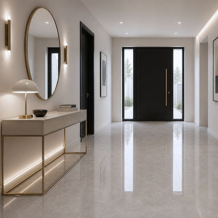 Moderner Eingangsbereich mit beige Hochglanz Vinylboden in Marmoroptik, schwarzer Tür, Spiegel und eleganter Konsole - REUD-Bodenarena