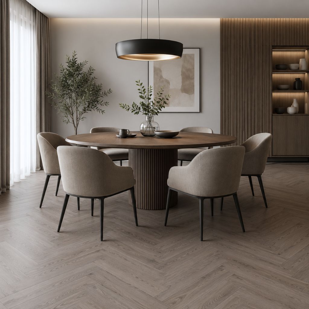 Kronoflooring Herringbone Fischgrät Rutherford Oak Laminat Klick Esszimmer - REUD-Bodenarena