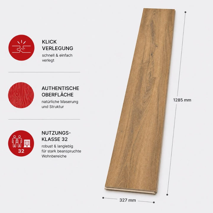 Kronoflooring Villa XL Firebrand Oak Laminat mit Klicksystem, authentischer Oberflächenstruktur und Nutzungsklasse 32 – infografische Darstellung der Produktmerkmale und Maße (1285 x 327 mm) - Reud Bodenarena