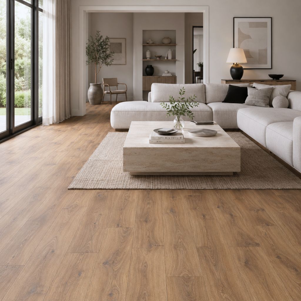 Elegantes Wohnzimmer mit Kronoflooring Villa XL Firebrand Oak Laminat – warmes Eichenholzdesign in großformatigen Dielen mit moderner Wohneinrichtung und Naturlicht - Reud Bodenarena