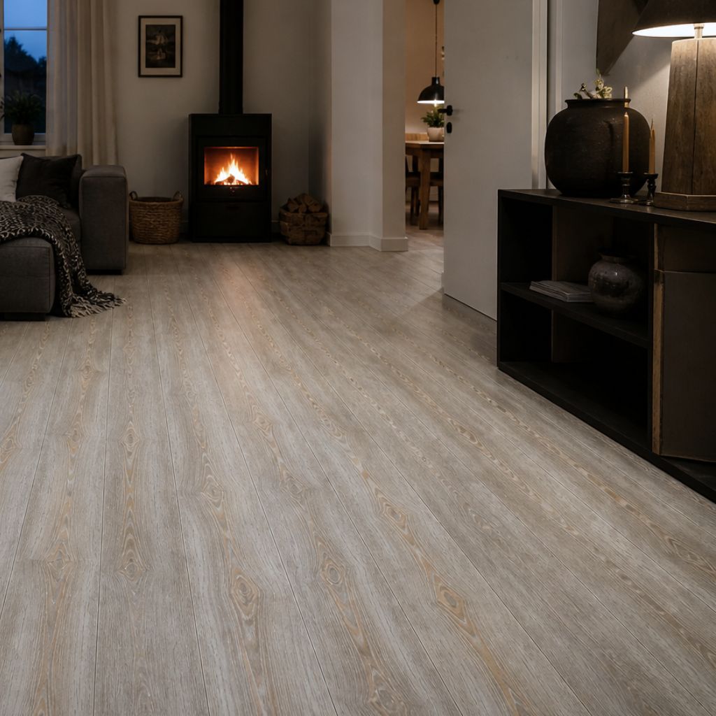 Wohnraum mit Kronotex Robusto Fantasy Wood Landhausdielen, natürlicher Holzmaserung, Kamin und gemütlicher Abendstimmung - REUD-Bodenarena