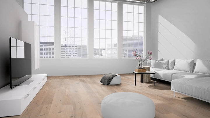 Parkett Nebraska Eiche rustikal handgehobelt geräuchert weiß geölt Fertigparkett Klick