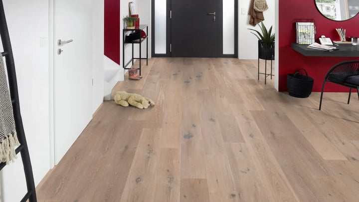 Parkett Nebraska Eiche rustikal handgehobelt geräuchert weiß geölt Fertigparkett Klick