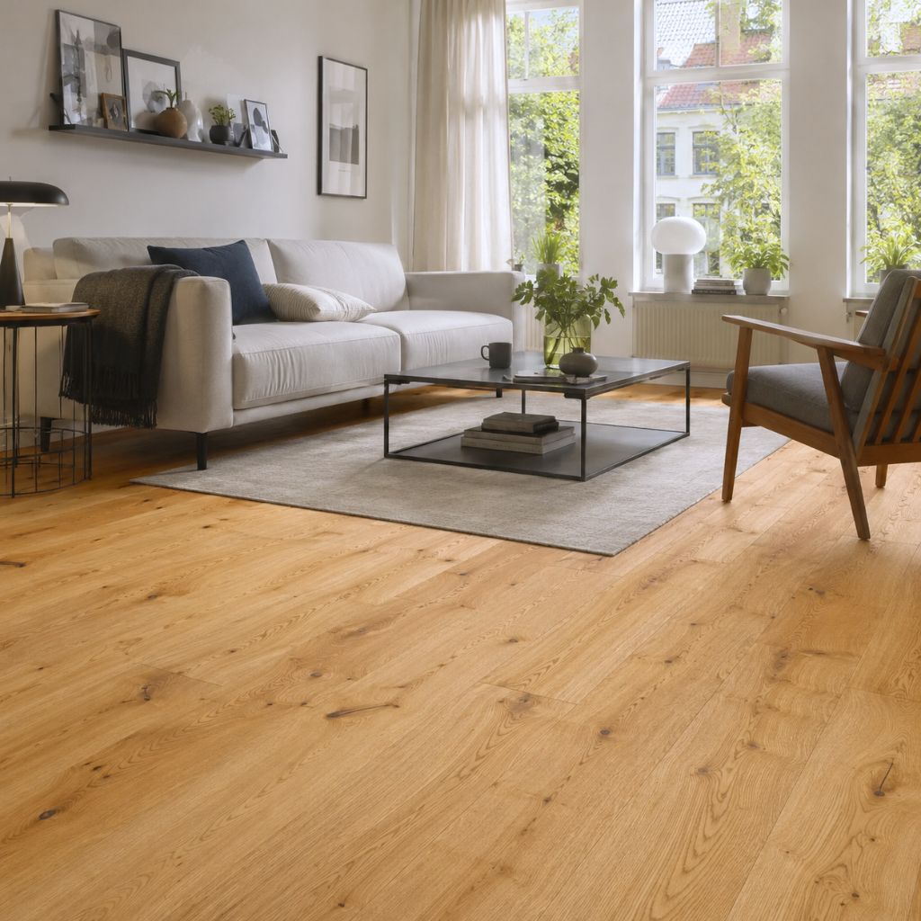 Gemütliches Wohnzimmer mit Sessel und Sofa auf warmem, rustikalem Eichenparkett