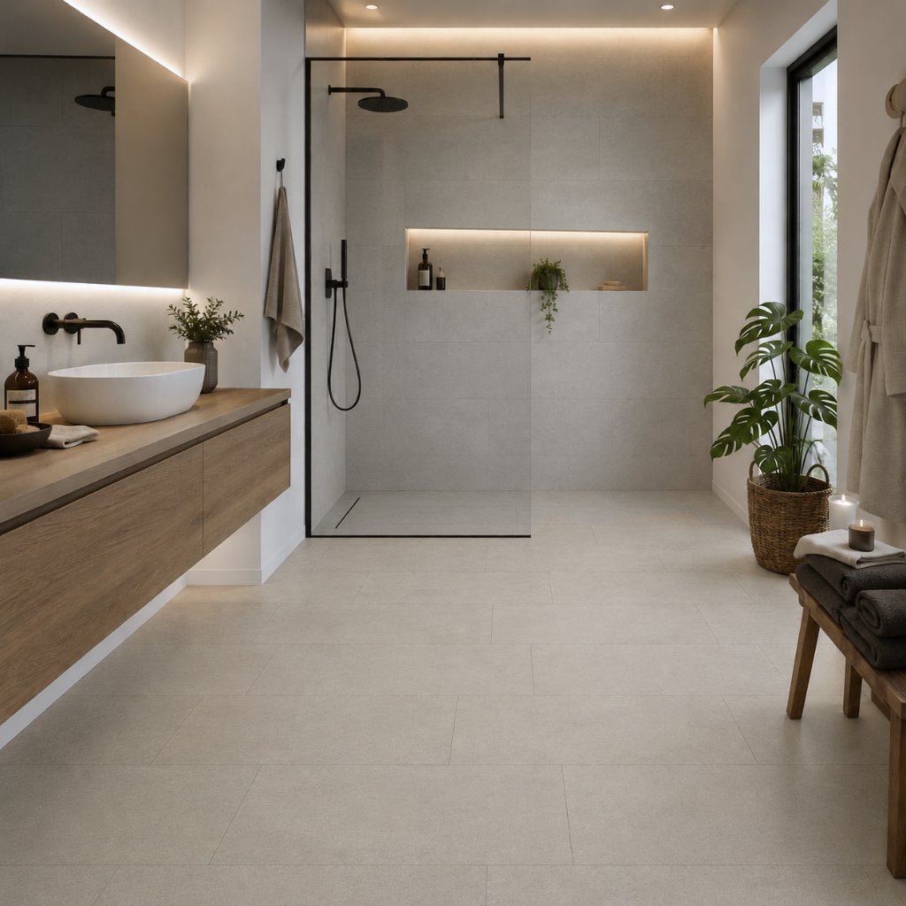 GreenLine Silent XL Travertin Flieseoptik Vinylboden in modernem Badezimmer mit Holzwaschbecken und begehbarer Dusche - REUD-Bodenarena