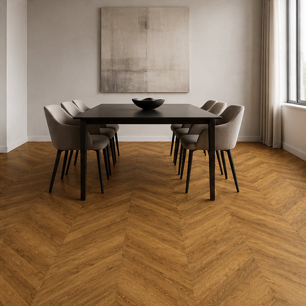 Esszimmer mit Chevron Neuschwanstein Parkett im Herringbone-Muster und modernem Esstisch