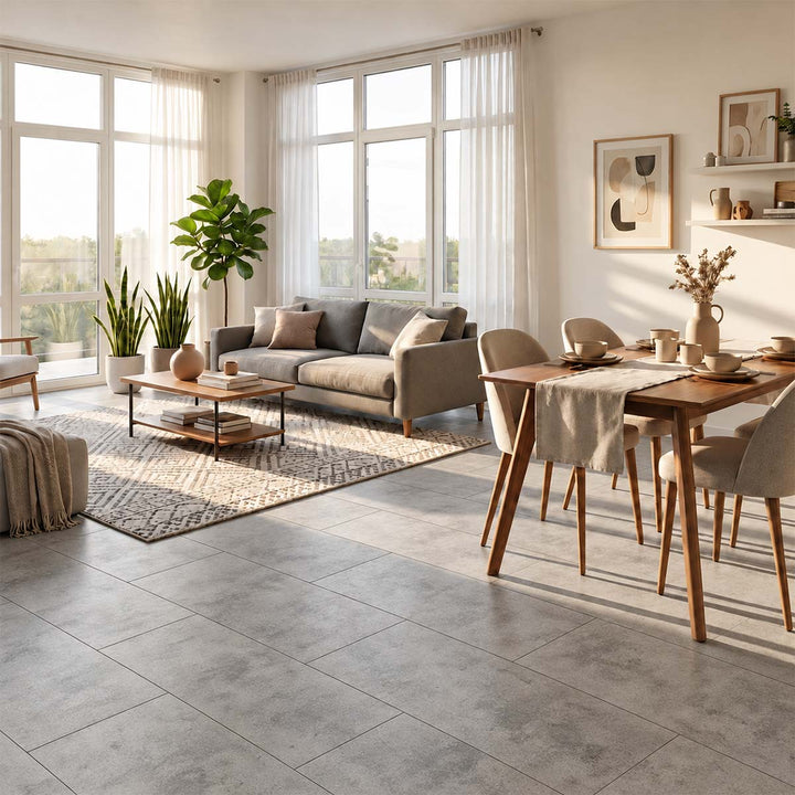 Designbelag NEO Vario Vanity für Boden und Wand Großformat im Wohnzimmer - Reud Bodenarena