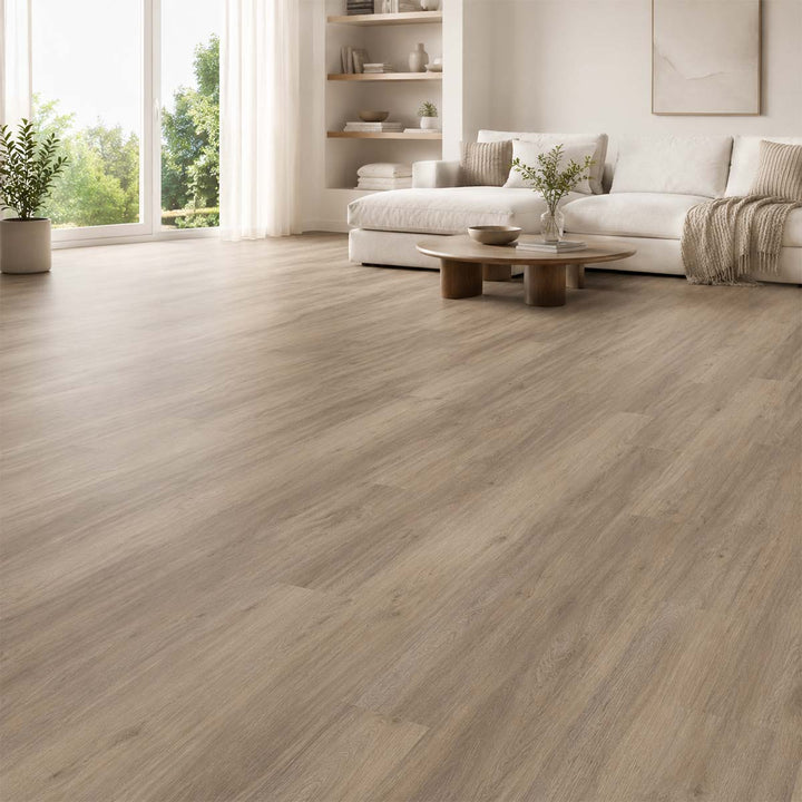 Designboden Ash Oak Amorim mit Kork Trittschalldämmung in einem hellen modernen Wohnzimmer