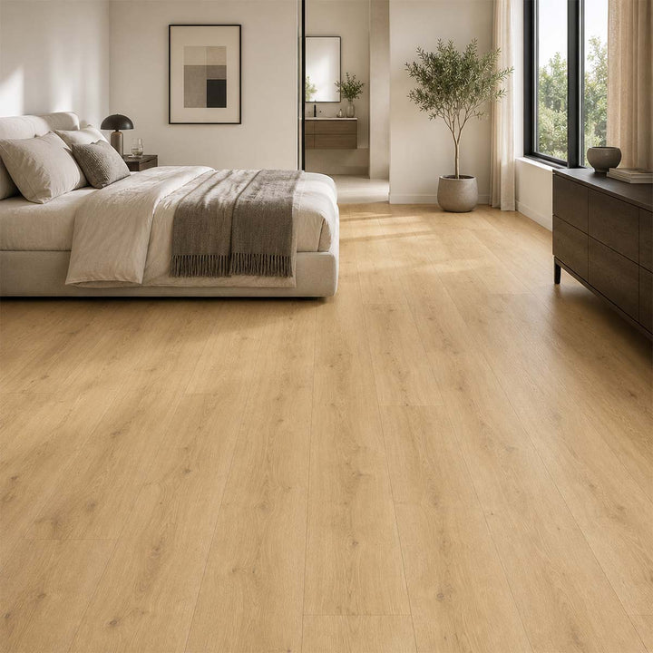 Designboden Eiche Pure Natur Parador mit Trittschalldämmung in einem hellen modernen Schlafzimmer