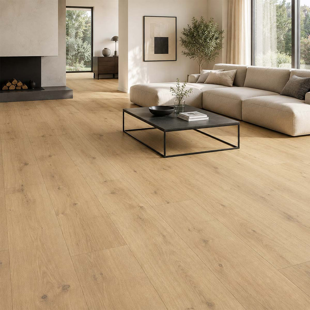 Designboden Eiche Pure Natur Parador mit Trittschalldämmung in einem modernen Wohnzimmer