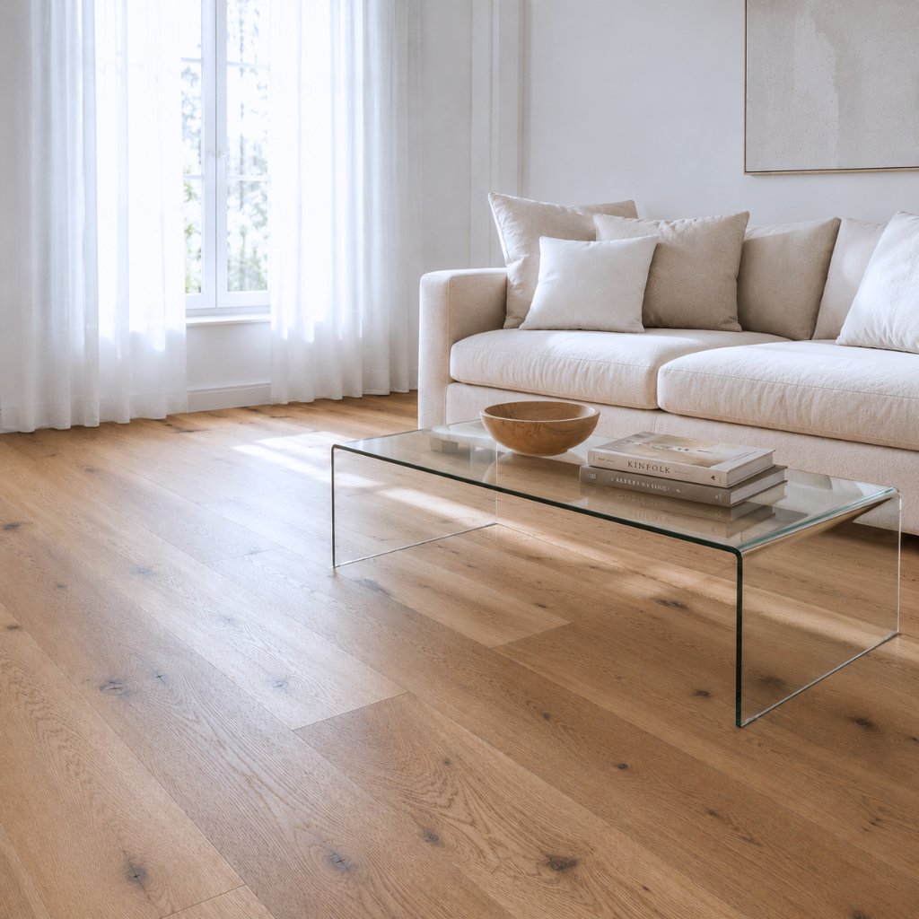 Helles Wohnzimmer mit naturgeölter Eiche-Landhausdiele und sanftem Lichteinfall – Reud Bodenarena
