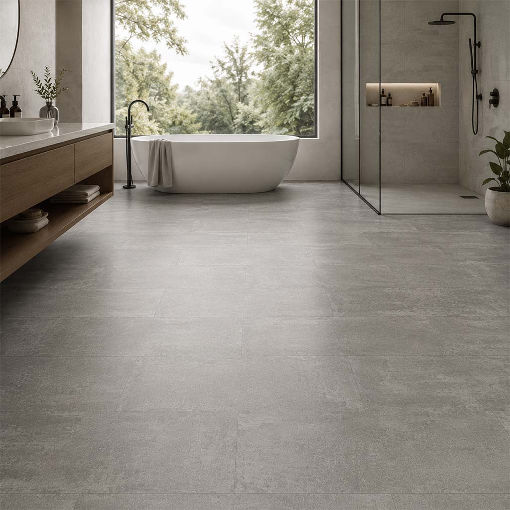 Klick Vinyl Beton Elara mit Trittschalldämmung im modernen Badezimmer
